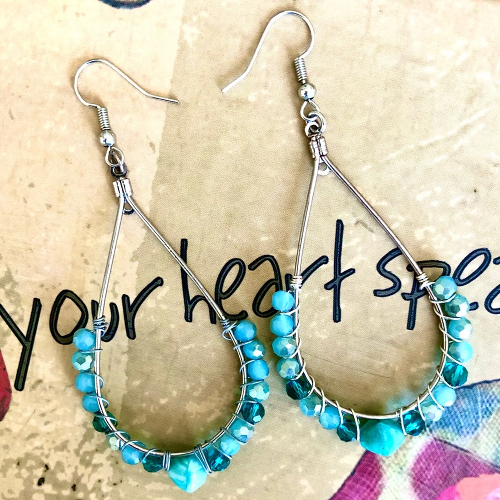 Turquoise beaded wire wrapped teardrop earrings